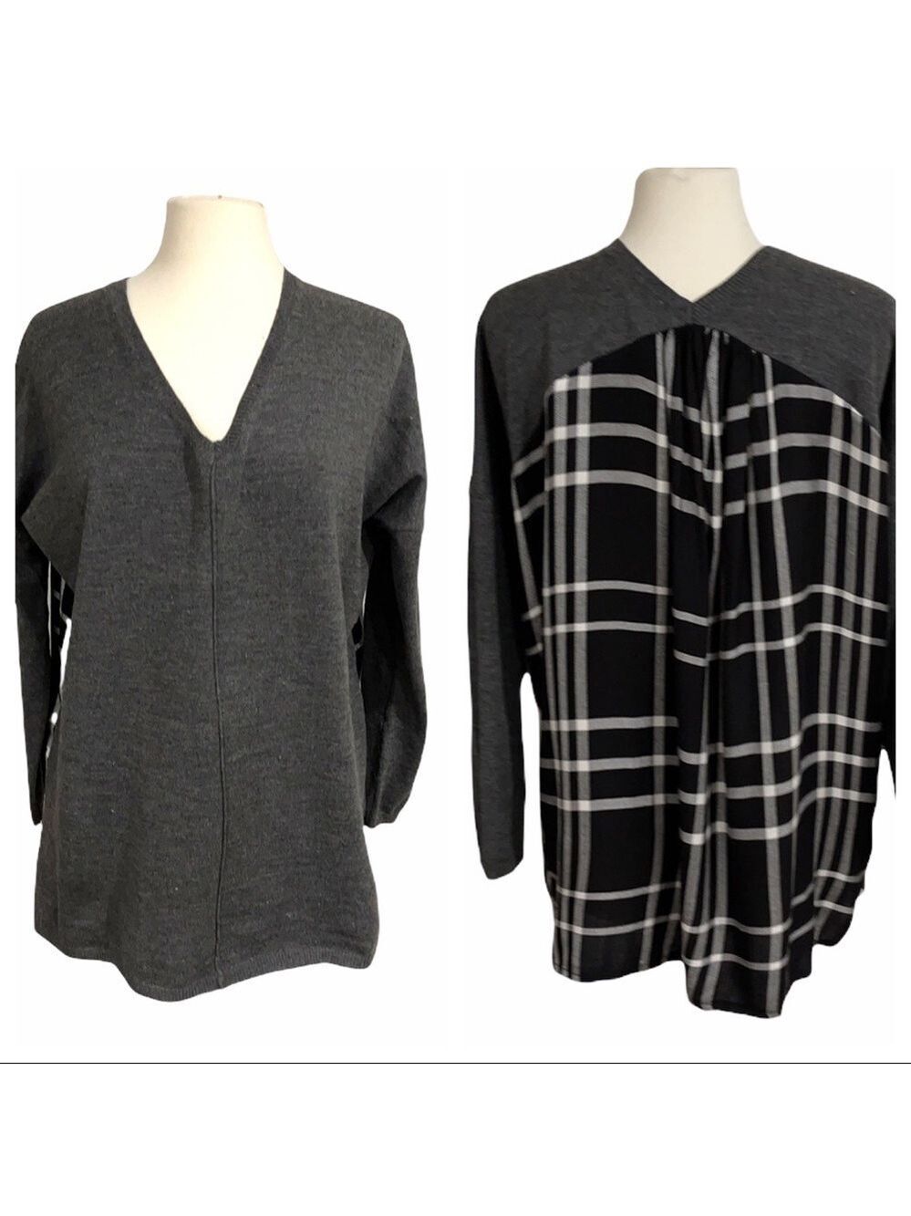 STACCATO Vee Neck Sweater With Plaid Fabric Back Grey/Black SZ L